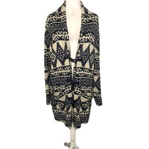 Chaps Navy & Cream Geometric Aztec Pattern Large Sweater Toggle Buttons Cozy